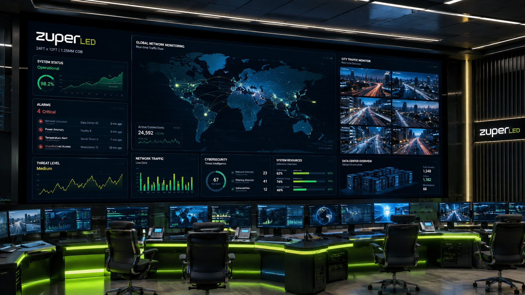 Zuper LED DATAWALL COB LED Display installed in a mission-critical enterprise control room