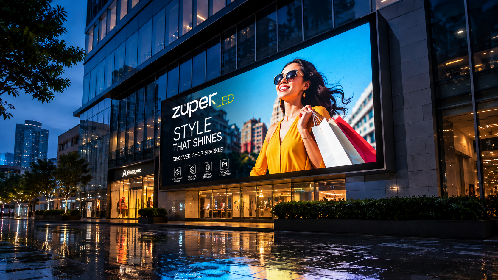 Zuper LED Outdoor P4 LED Display mounted on a commercial building facade